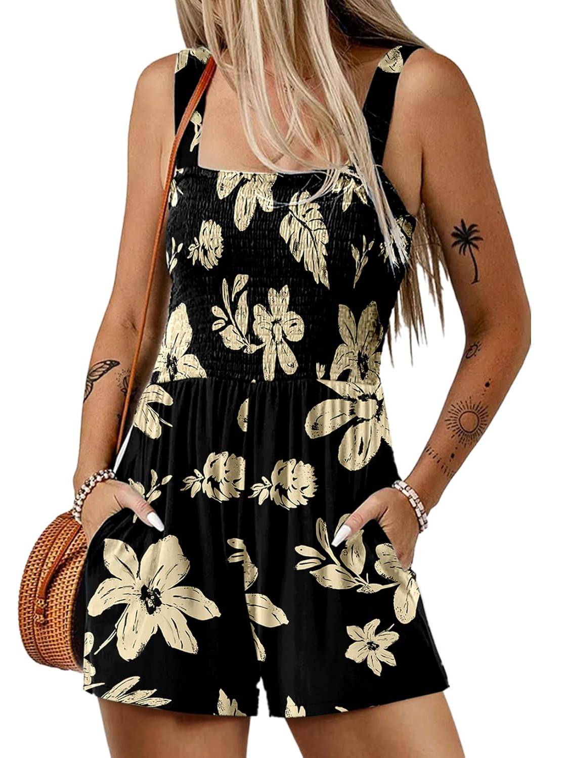 ⏰Hot Sale 50% Off💃Women's Summer Square Neck Sleeveless Loose Casual Short Smocked Romper✨