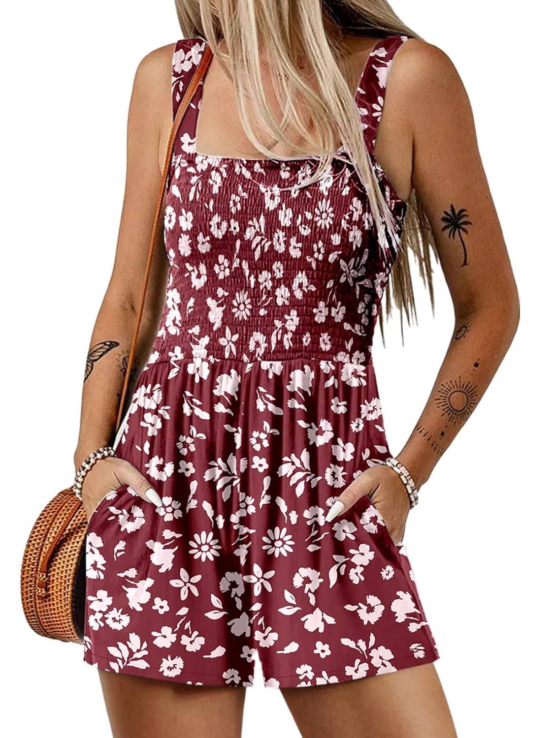 ⏰Hot Sale 50% Off💃Women's Summer Square Neck Sleeveless Loose Casual Short Smocked Romper✨
