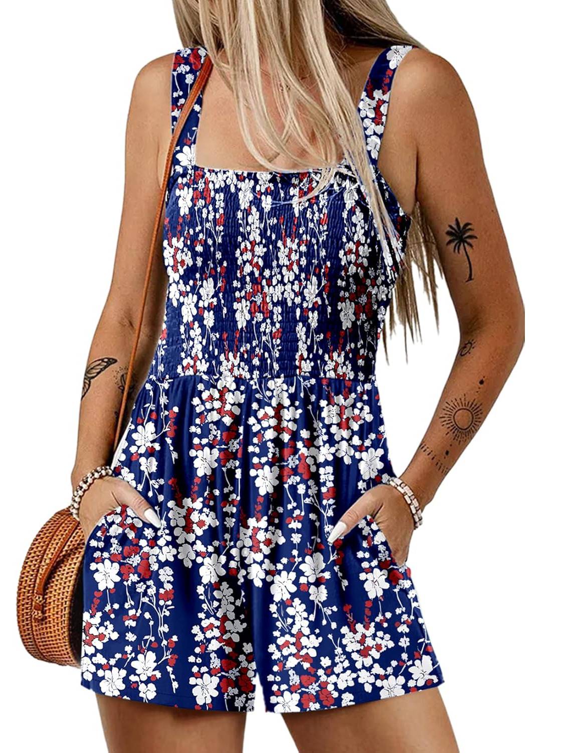 ⏰Hot Sale 50% Off💃Women's Summer Square Neck Sleeveless Loose Casual Short Smocked Romper✨
