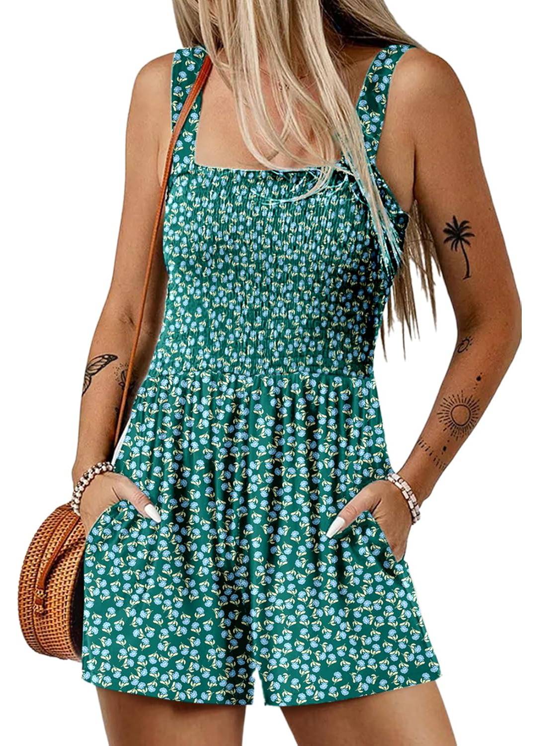 ⏰Hot Sale 50% Off💃Women's Summer Square Neck Sleeveless Loose Casual Short Smocked Romper✨