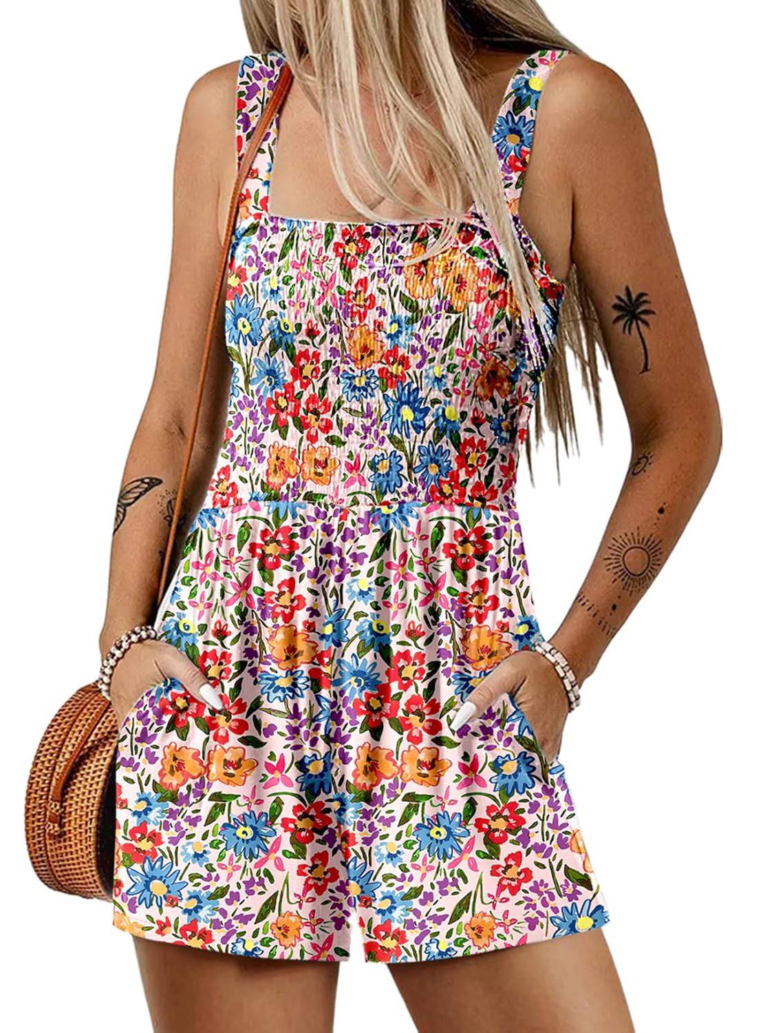 ⏰Hot Sale 50% Off💃Women's Summer Square Neck Sleeveless Loose Casual Short Smocked Romper✨