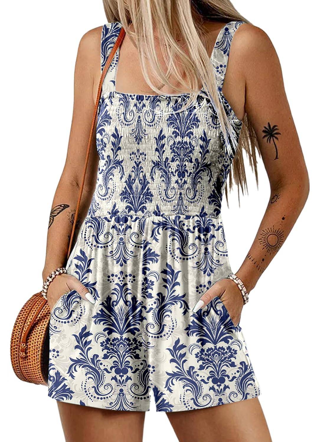 ⏰Hot Sale 50% Off💃Women's Summer Square Neck Sleeveless Loose Casual Short Smocked Romper✨