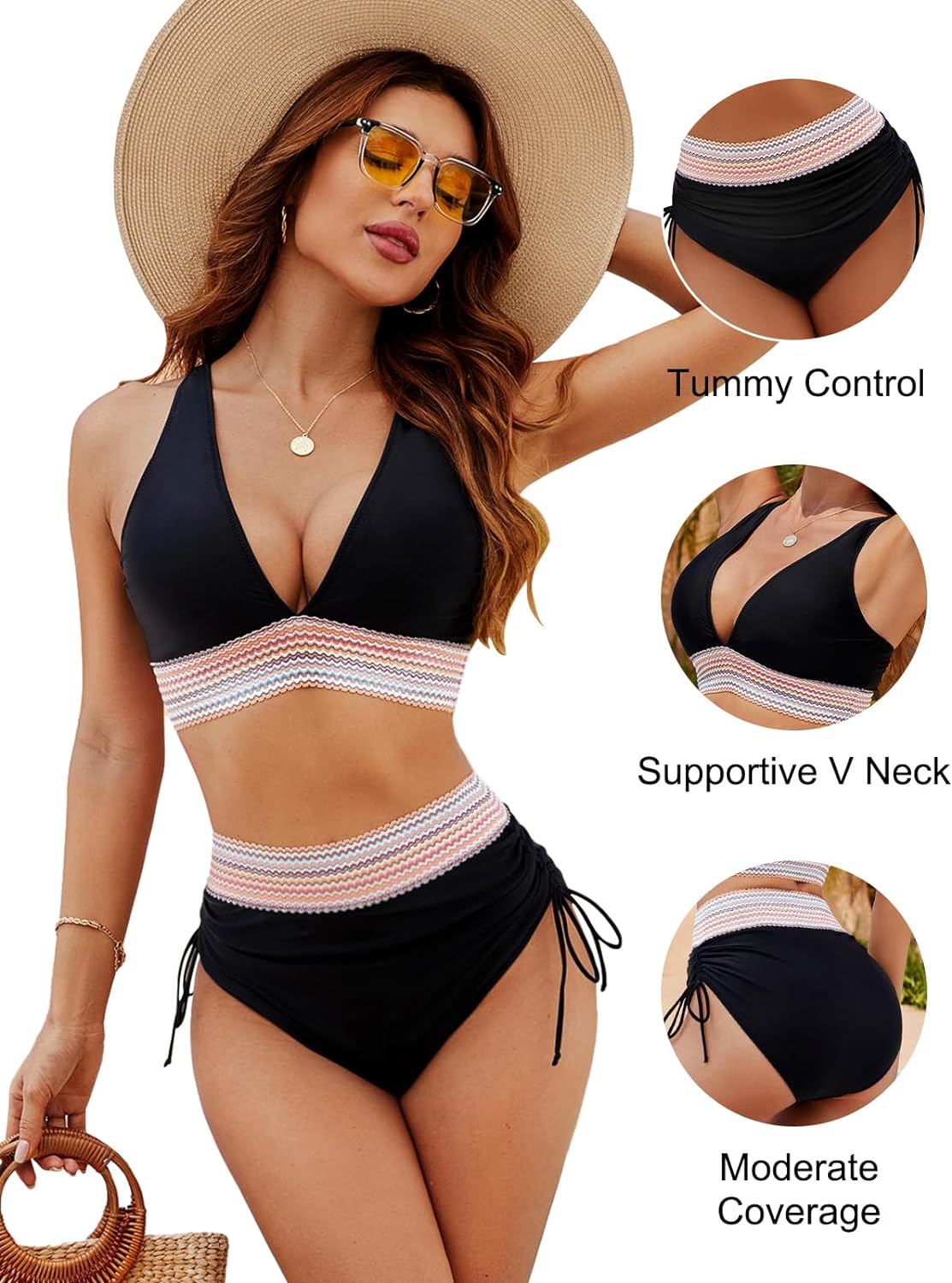 🔥Summer Sale 50% OFF💥👙High Waisted Tummy Control Color Block Bikini Sets