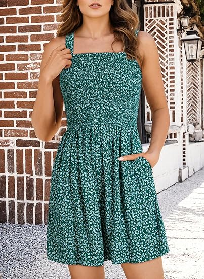 ⏰Hot Sale 50% Off💃Women's Summer Square Neck Sleeveless Loose Casual Short Smocked Romper✨