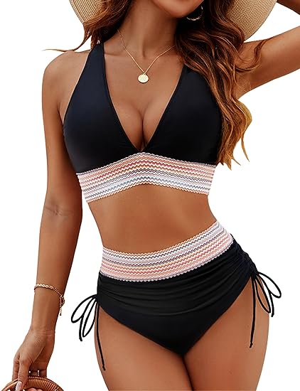 🔥Summer Sale 50% OFF💥👙High Waisted Tummy Control Color Block Bikini Sets