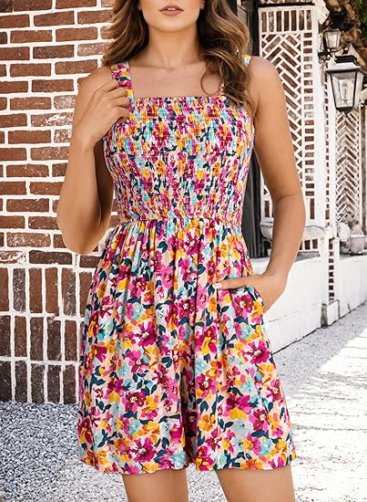 ⏰Hot Sale 50% Off💃Women's Summer Square Neck Sleeveless Loose Casual Short Smocked Romper✨