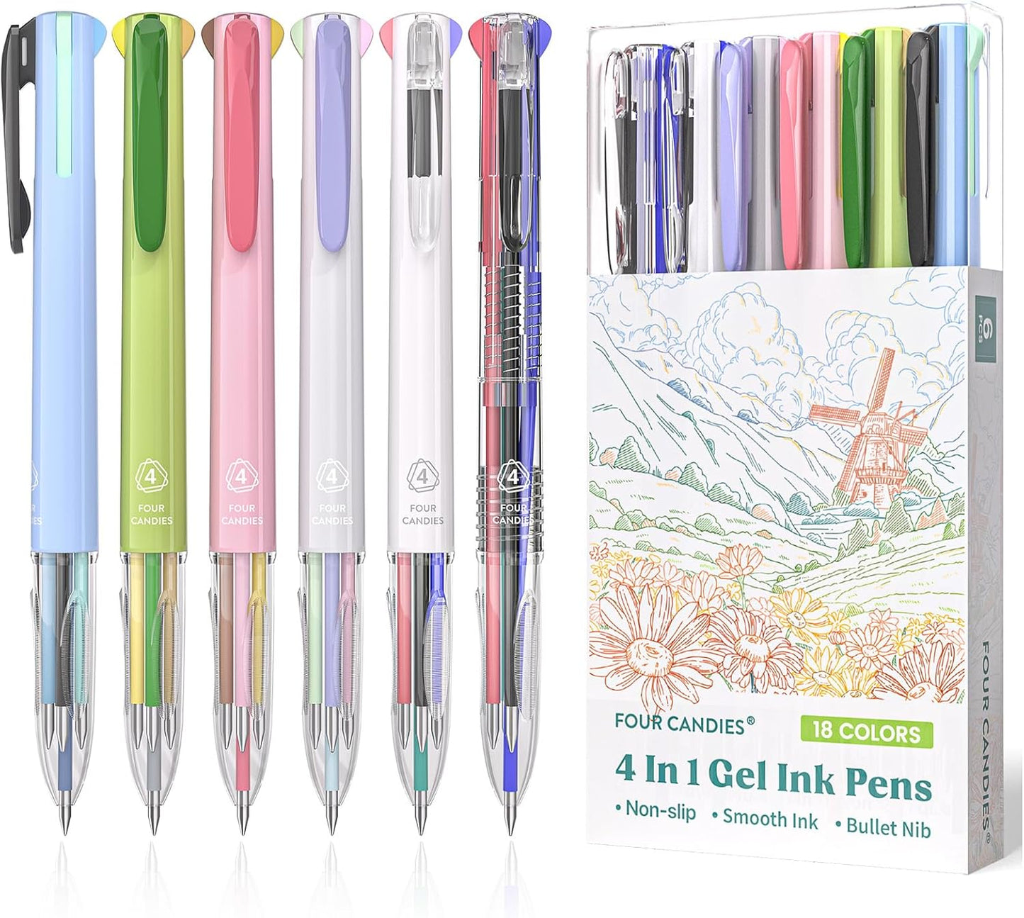 6 PCS Multi-Color Pen, 0.5mm Color Pen, 4-in-1 Multi-Color Ink Pen