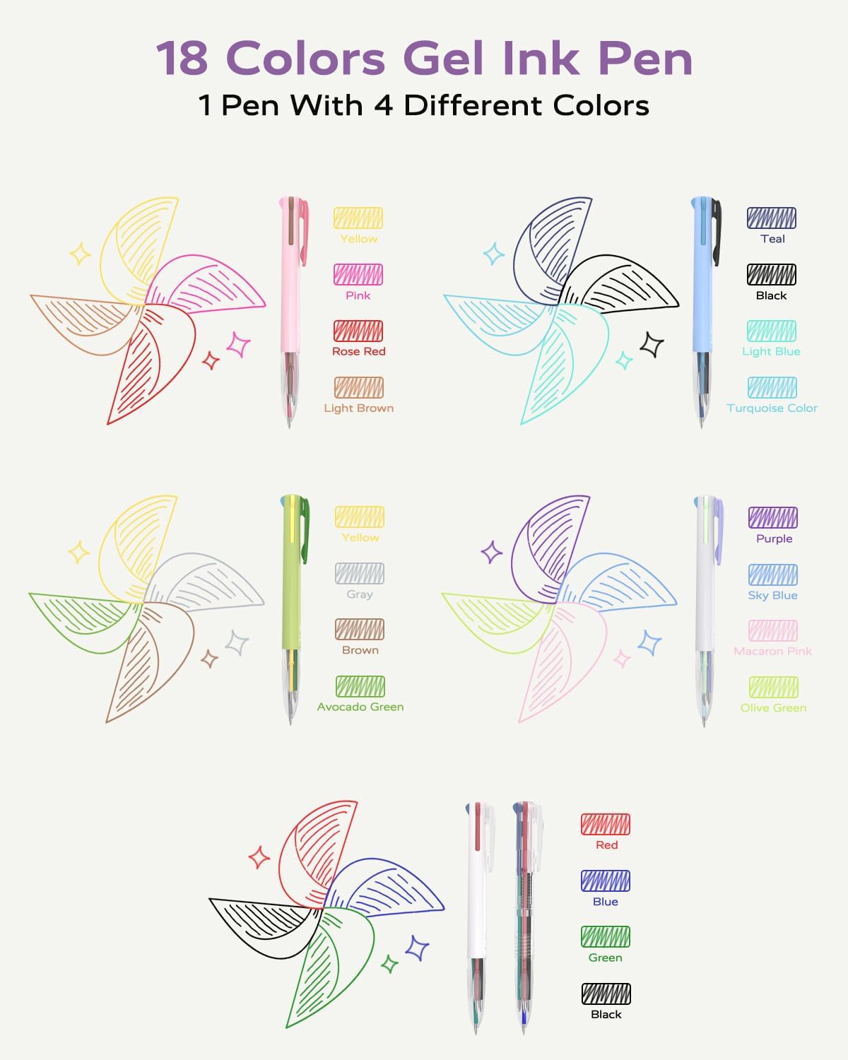 6 PCS Multi-Color Pen, 0.5mm Color Pen, 4-in-1 Multi-Color Ink Pen