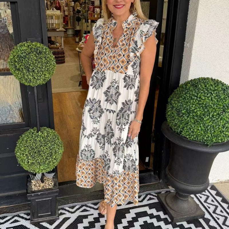 Women's Elegant Printed Ruffle Sleeveless Dress