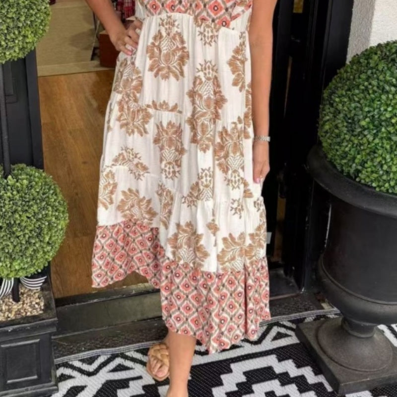 Women's Elegant Printed Ruffle Sleeveless Dress