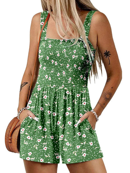 ⏰Hot Sale 50% Off💃Women's Summer Square Neck Sleeveless Loose Casual Short Smocked Romper✨