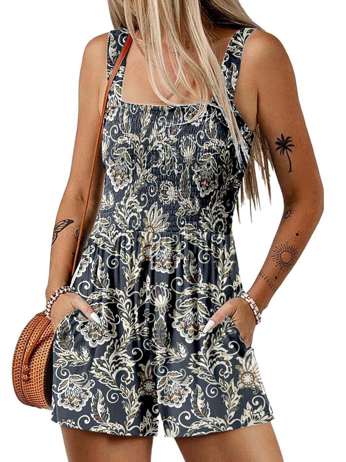 ⏰Hot Sale 50% Off💃Women's Summer Square Neck Sleeveless Loose Casual Short Smocked Romper✨