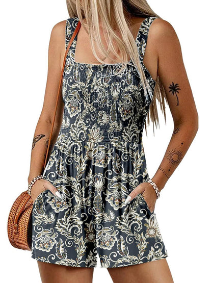 ⏰Hot Sale 50% Off💃Women's Summer Square Neck Sleeveless Loose Casual Short Smocked Romper✨