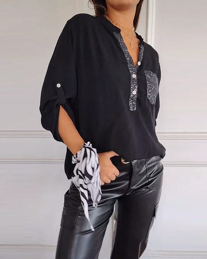 Women's Sequin Patchwork V-neck Shirt