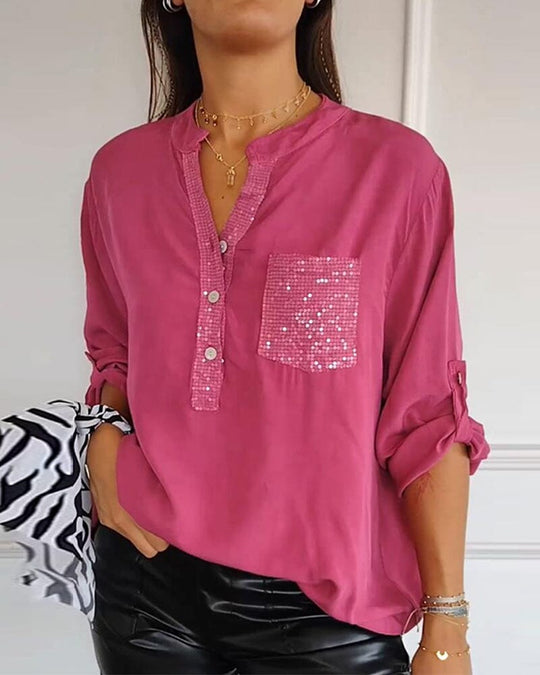 Women's Sequin Patchwork V-neck Shirt