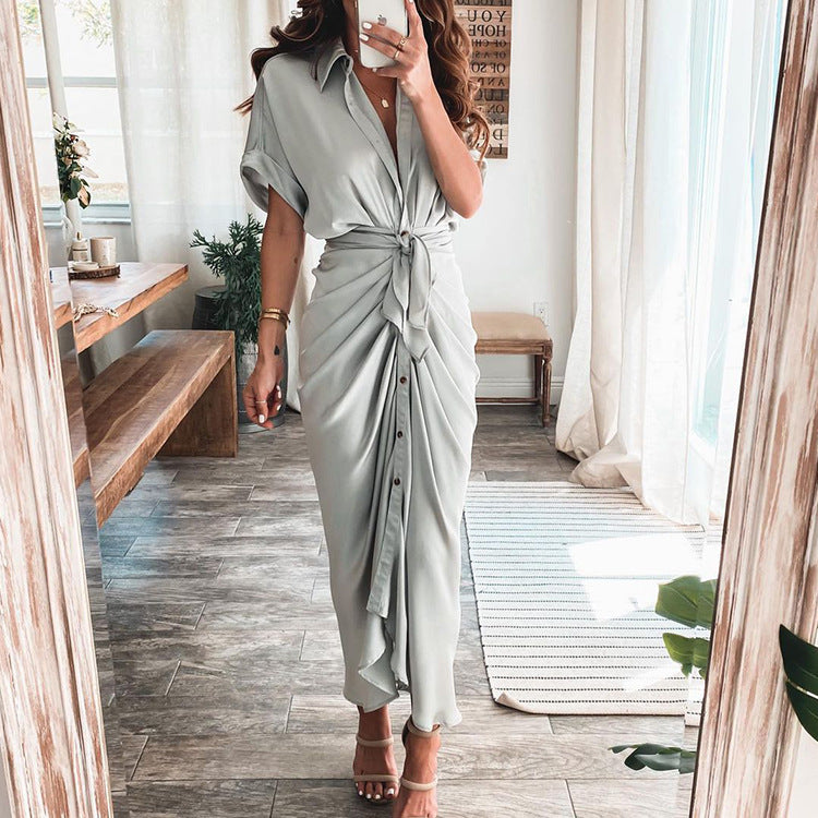 Women Satin Button Shirt Dress