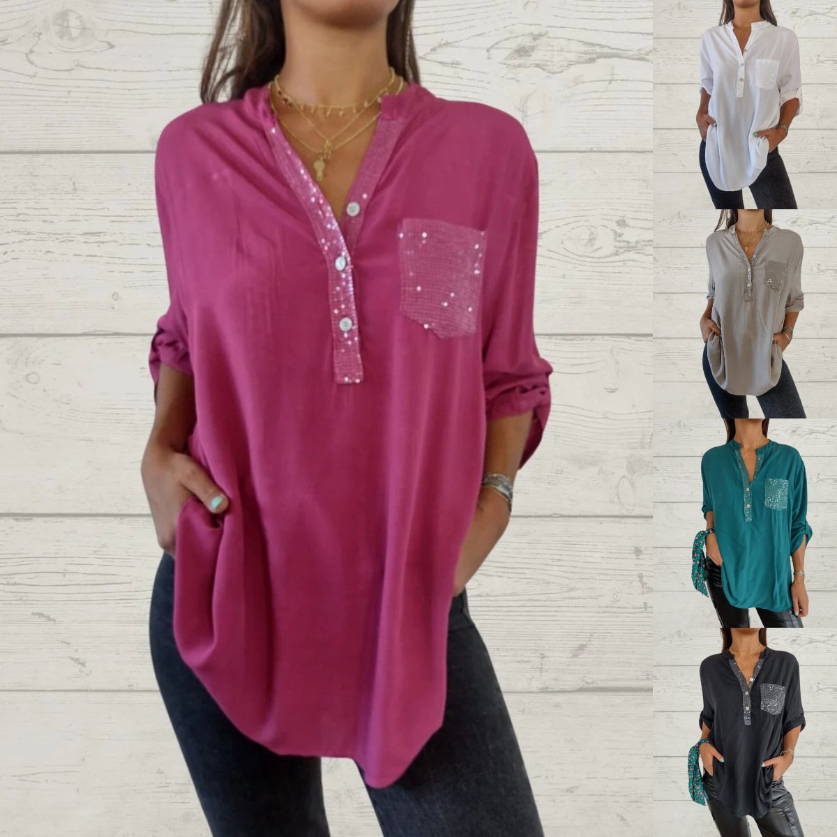 Women's Sequin Patchwork V-neck Shirt