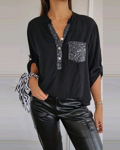 Women's Sequin Patchwork V-neck Shirt