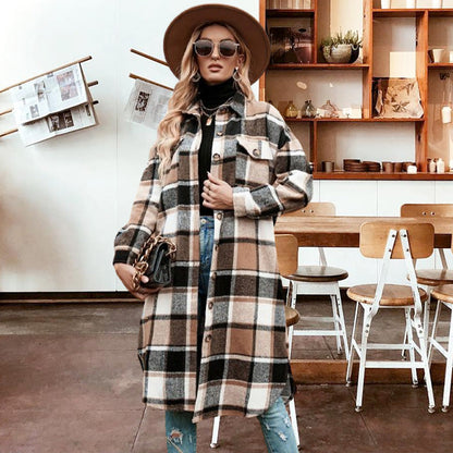 Women's Plaid Print Long Sleeve Warm Tweed Coat