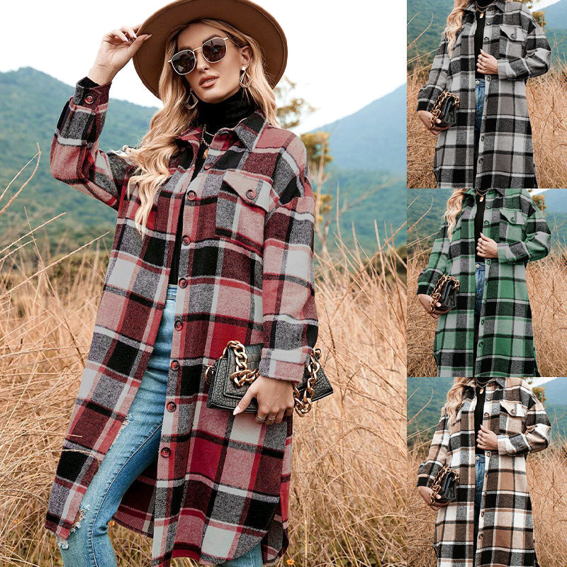 Women's Plaid Print Long Sleeve Warm Tweed Coat