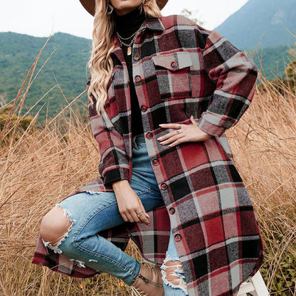 Women's Plaid Print Long Sleeve Warm Tweed Coat