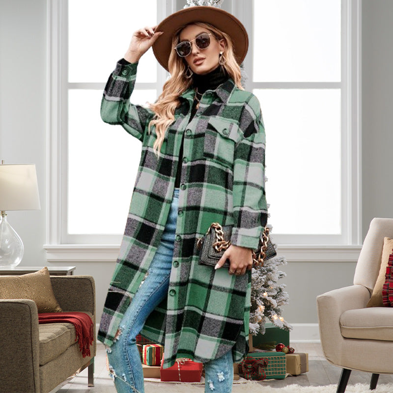 Women's Plaid Print Long Sleeve Warm Tweed Coat