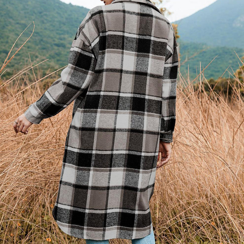 Women's Plaid Print Long Sleeve Warm Tweed Coat