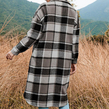 Women's Plaid Print Long Sleeve Warm Tweed Coat