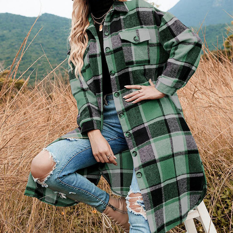 Women's Plaid Print Long Sleeve Warm Tweed Coat