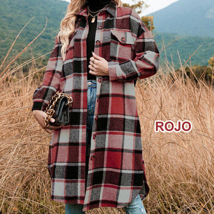 Women's Plaid Print Long Sleeve Warm Tweed Coat