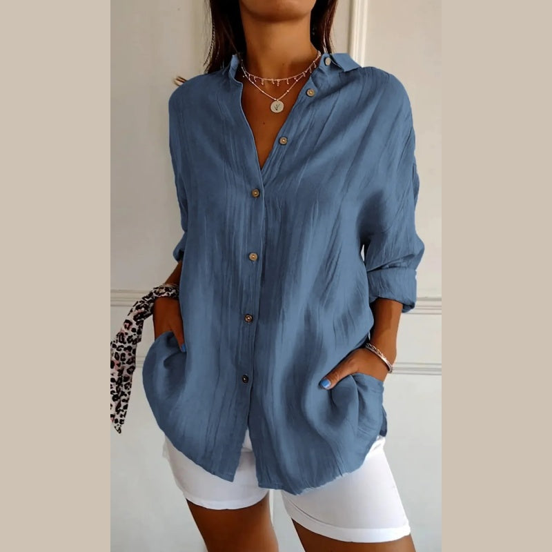 Classic Pleated Textured Single-Breasted Lapel Shirt for Women – sayceil