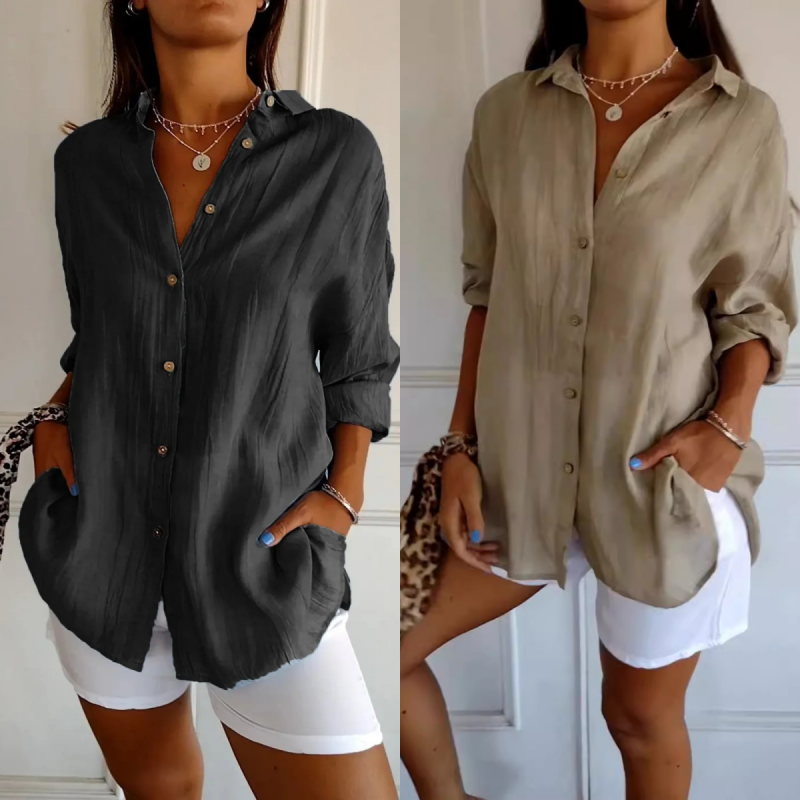 Classic Pleated Textured Single-Breasted Lapel Shirt for Women