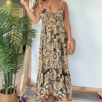 Women’s Sexy Spaghetti Strap Floral Print Long Dress