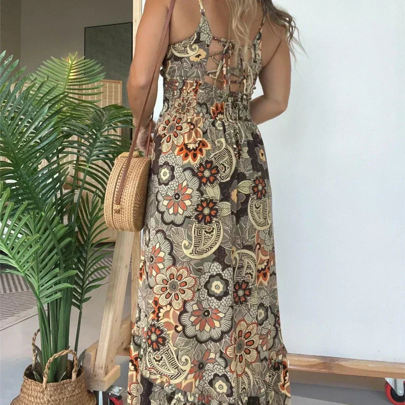 Women’s Sexy Spaghetti Strap Floral Print Long Dress