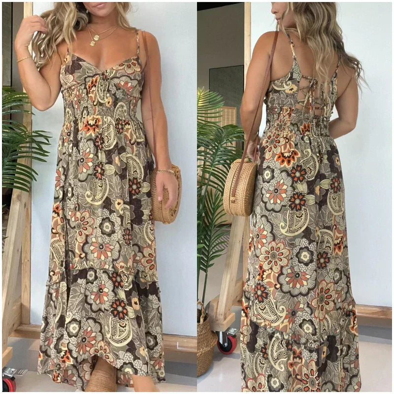 Women’s Sexy Spaghetti Strap Floral Print Long Dress