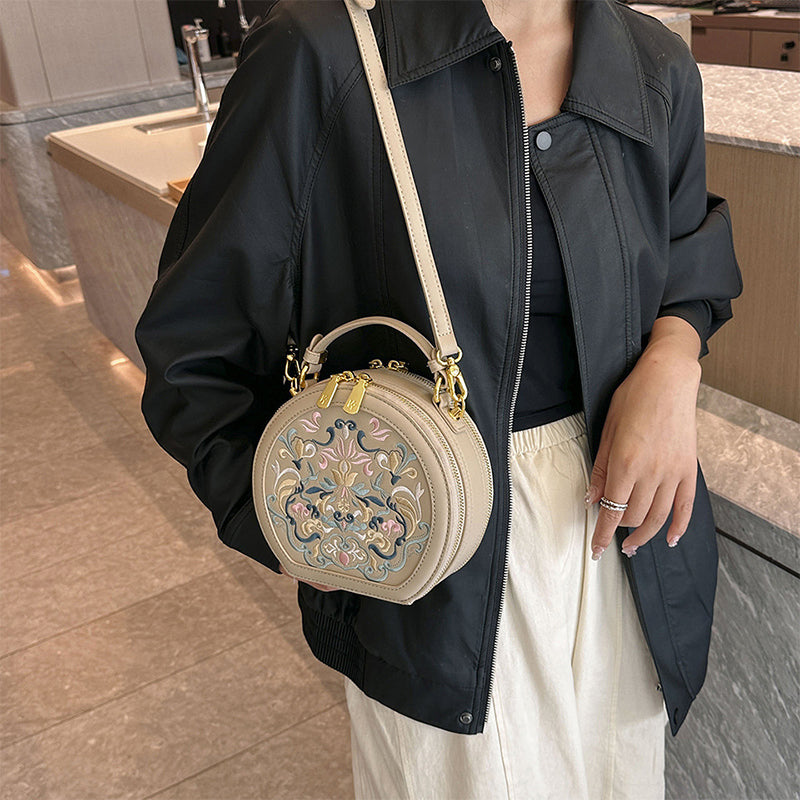 Embroidered Small Round Crossbody Bag