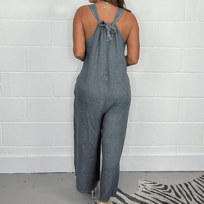 V-Neck Sleeveless Wide Leg Long Pants Jumpsuit