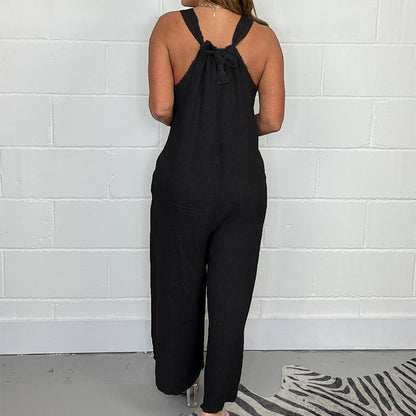 V-Neck Sleeveless Wide Leg Long Pants Jumpsuit