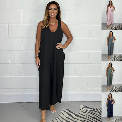 V-Neck Sleeveless Wide Leg Long Pants Jumpsuit