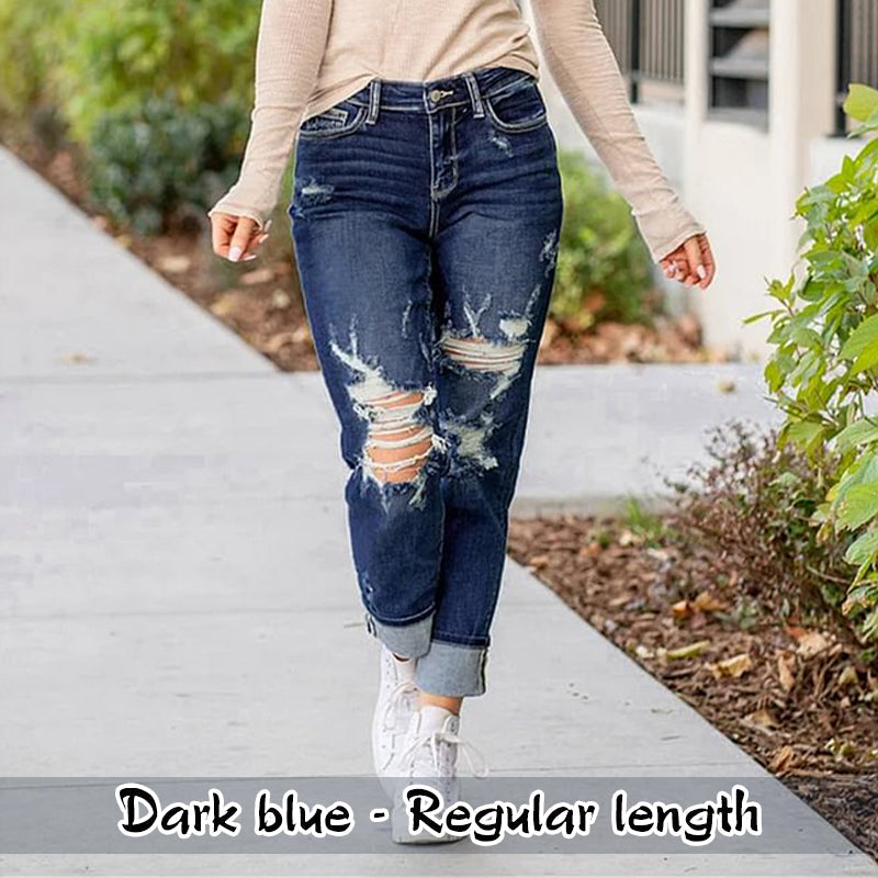 Women's Tummy Control Distressed Cuffed  Jeans