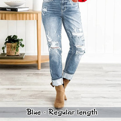 Women's Tummy Control Distressed Cuffed  Jeans