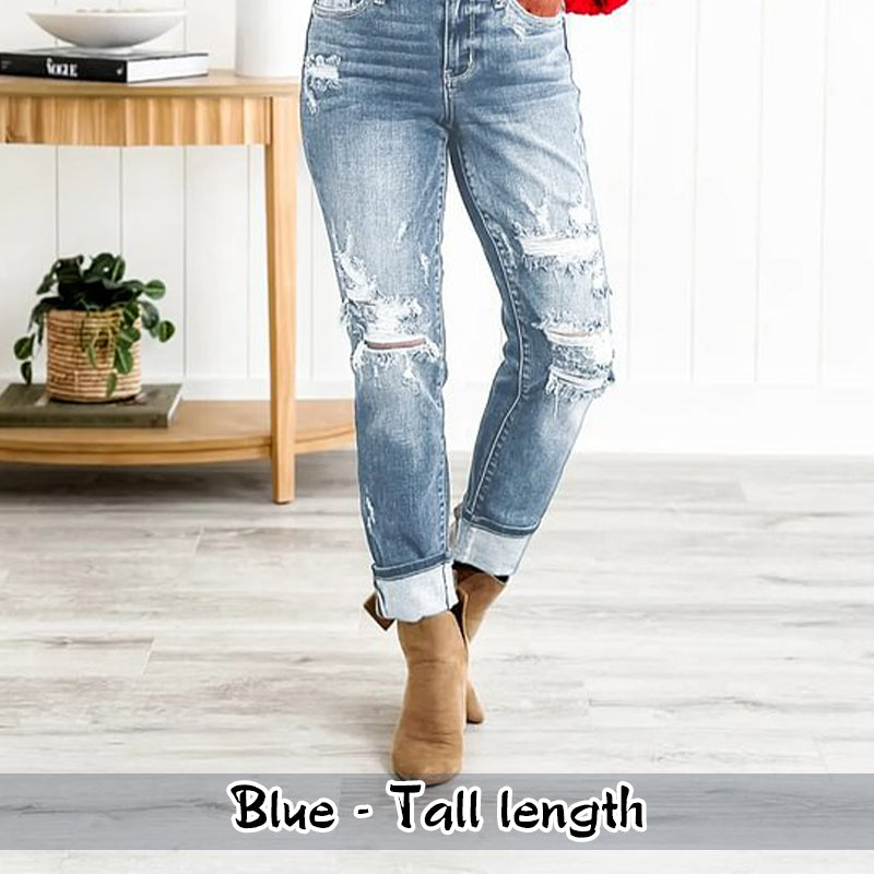 Women's Tummy Control Distressed Cuffed  Jeans