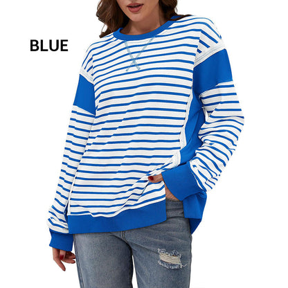 Stylish Round Neck Striped Colorblocking Tops