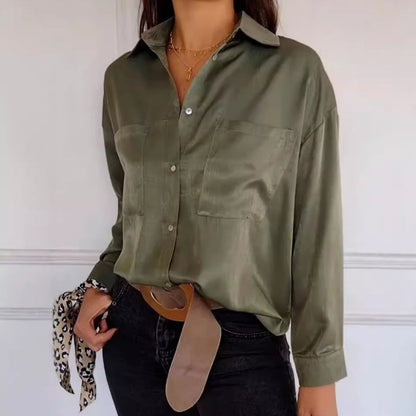 Women's Solid Lapel Long-Sleeve Button Down Shirts