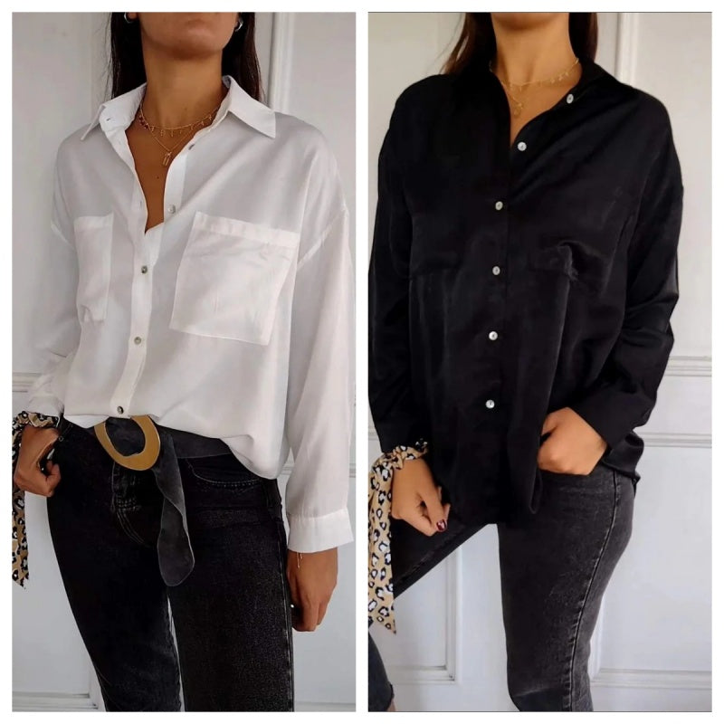 Women's Solid Lapel Long-Sleeve Button Down Shirts