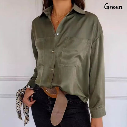 Women's Solid Lapel Long-Sleeve Button Down Shirts