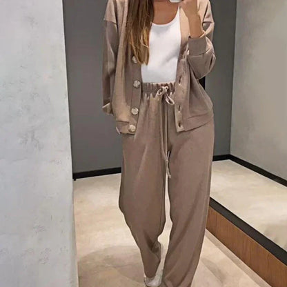 Women's Knitted Buttoned Jacket and Pants Two-piece Set