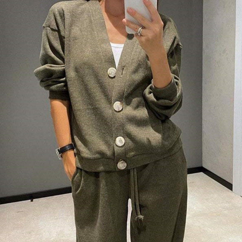 Women's Knitted Buttoned Jacket and Pants Two-piece Set