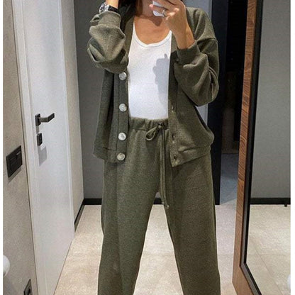 Women's Knitted Buttoned Jacket and Pants Two-piece Set