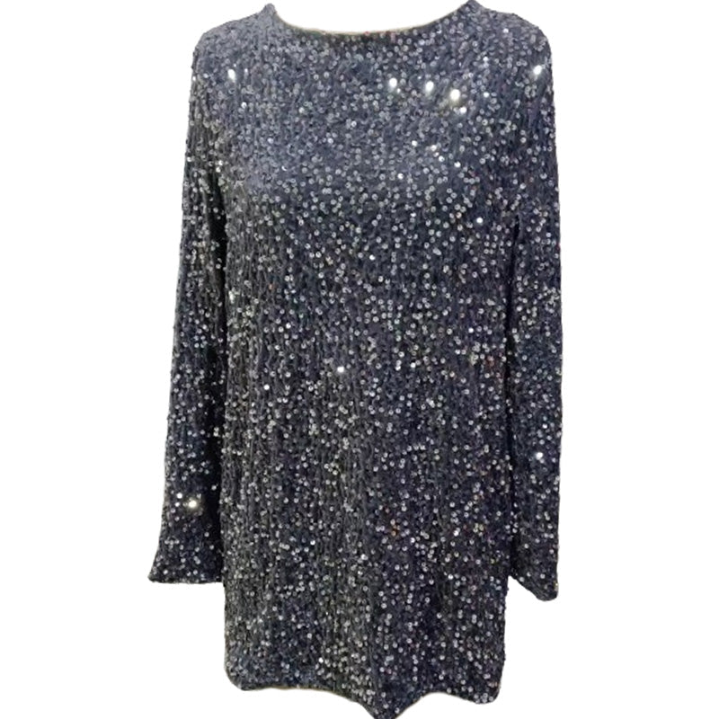 Long Sleeve Loose Sequined Tie-back Dress